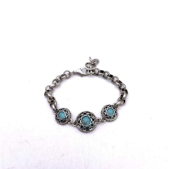 Lucky Brand Faux Turquoise Chain Link Chunky Bracelet Silver Tone Signed 7" - Picture 2 of 3